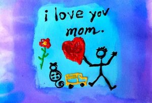 child's drawing of stick figure holding red heart with caption I love you Mom against blue background, augment