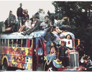 colourful bus loaded with happy hippies
